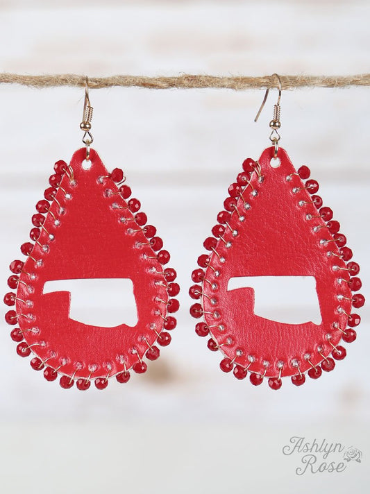 Red Leather Teardrop Oklahoma Cutout Earrings, Gold