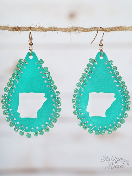 Turquoise Leather Teardrop Arkansas Cutout Earrings, Gold