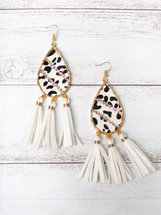 NOT MY FIRST RODEO DALMATIAN TEARDROP TASSEL EARRINGS