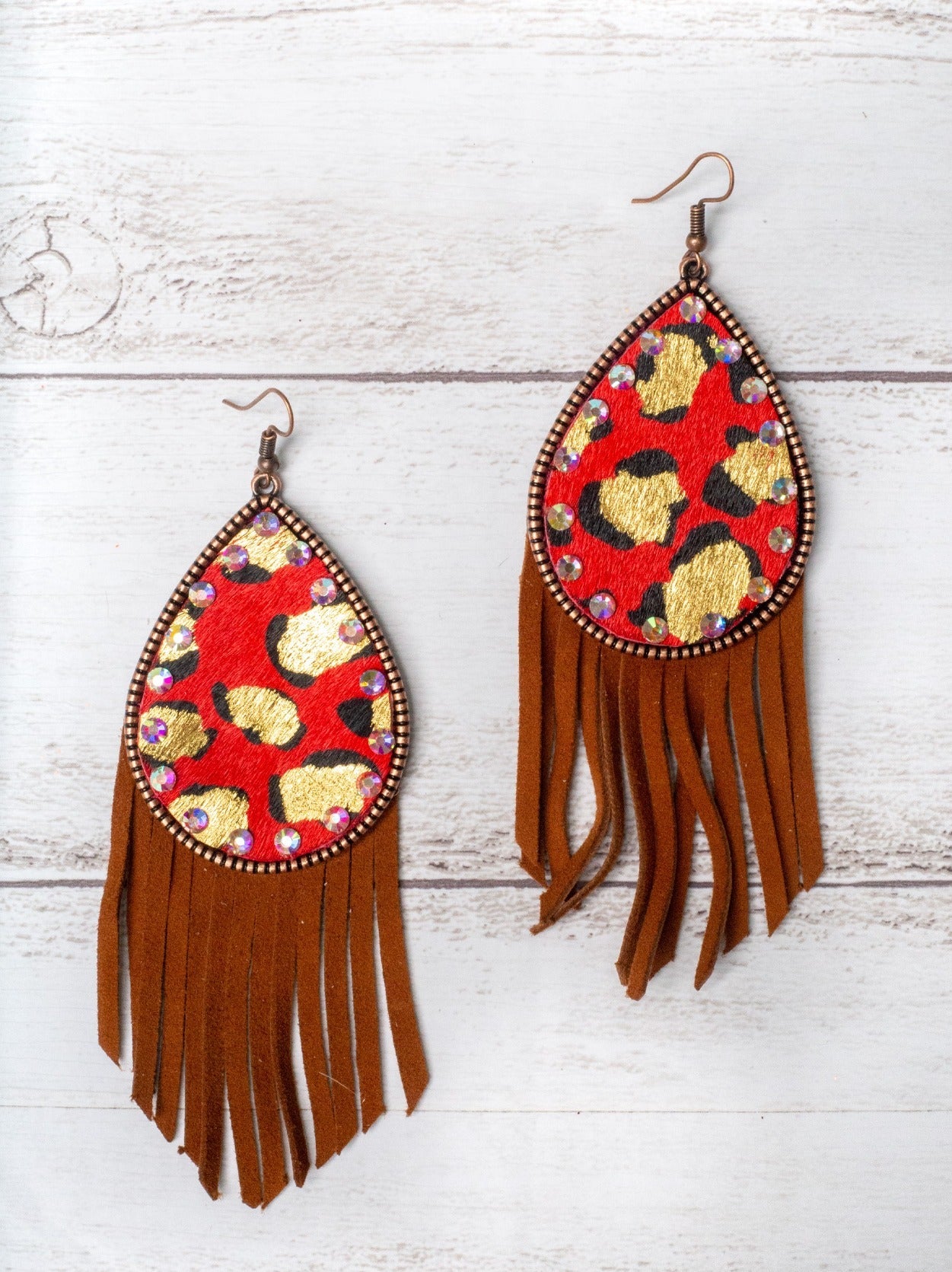 GET IN COWGIRL, WE GOIN' TO NFR RED LEOPARD TEARDROP BROWN FRINGE EARRINGS