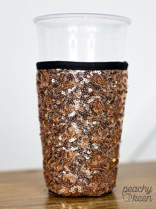 Rose Gold Sequin Sleeve Drink Holder with Black Neoprene Handle