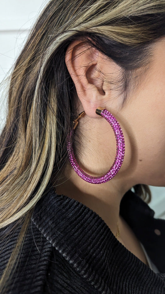 Let's Go Girls Fuchsia Crystal Hoop Earrings