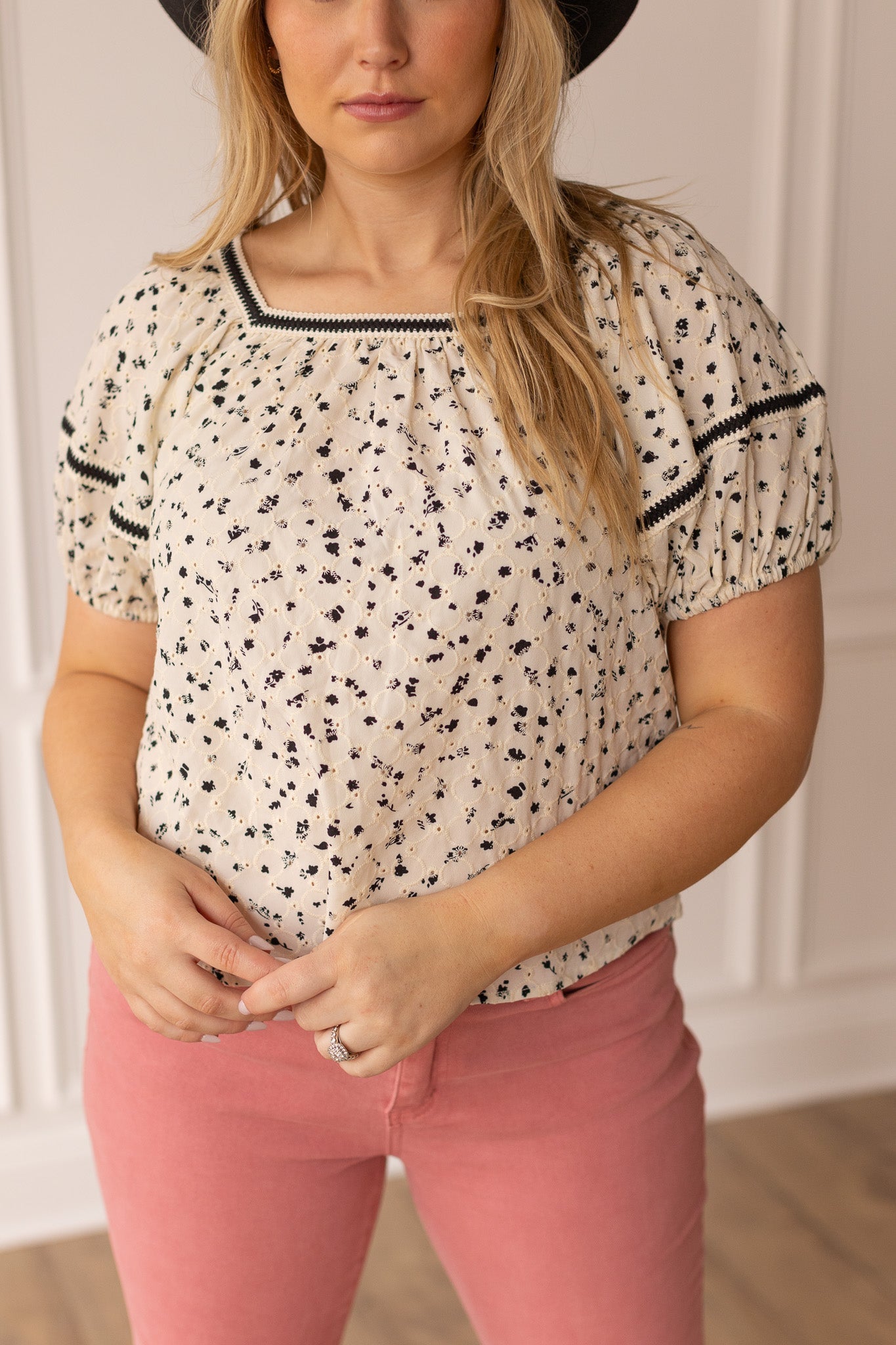 Eyelet Peasant Blouse, Black and White