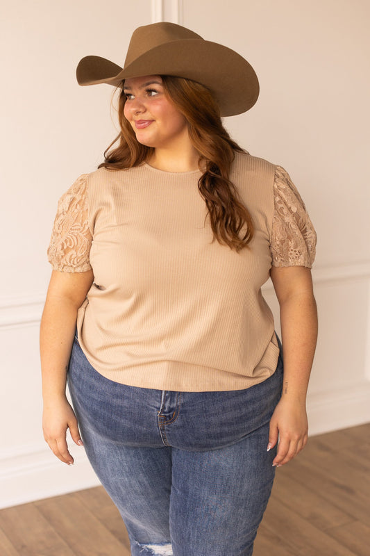 Tan Elegance Ribbed Tee with Lace Puff Sleeves