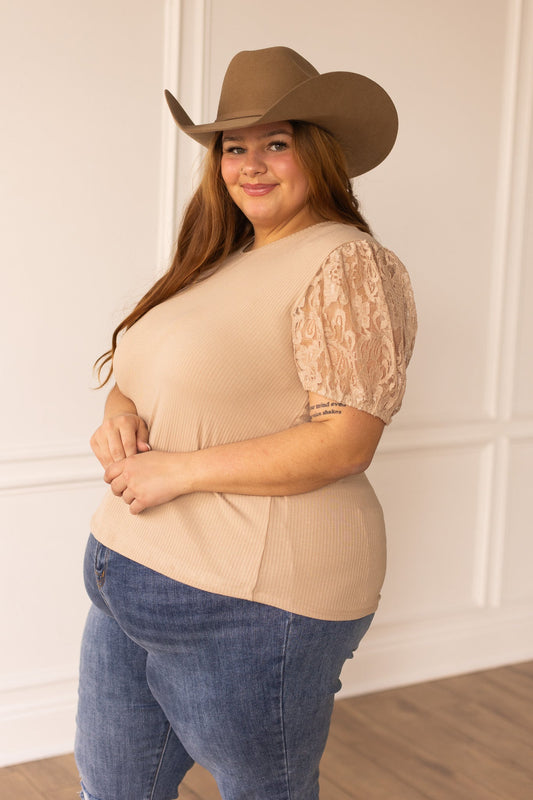 Tan Elegance Ribbed Tee with Lace Puff Sleeves