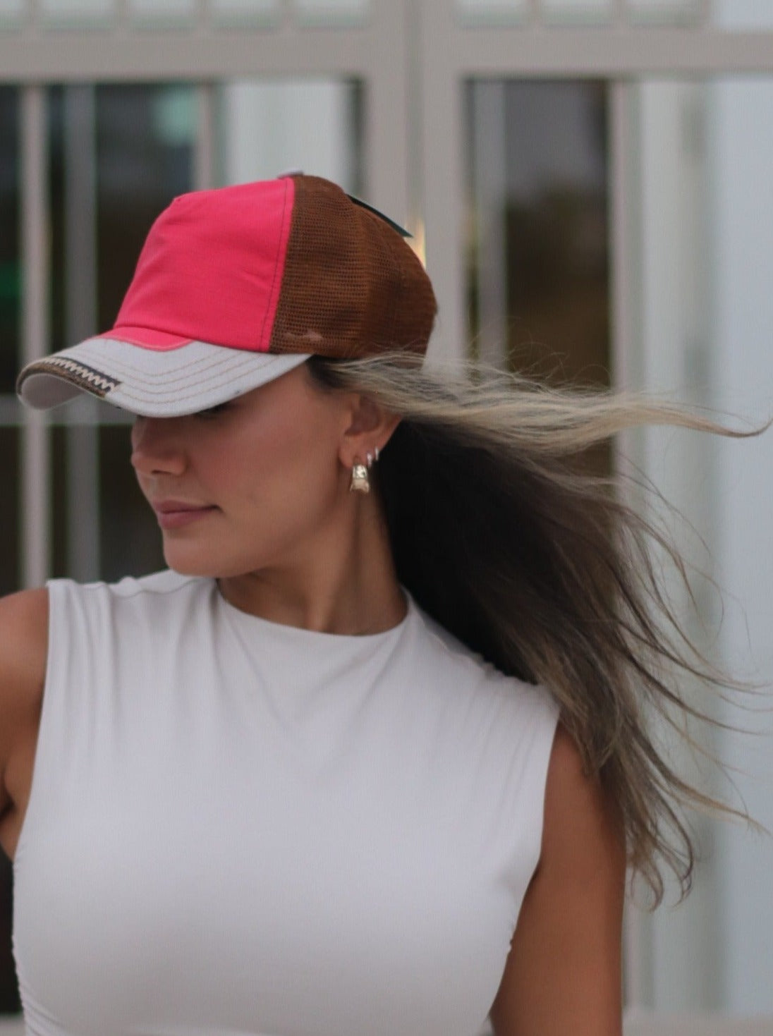 Red and Grey Hat with Brown Mesh