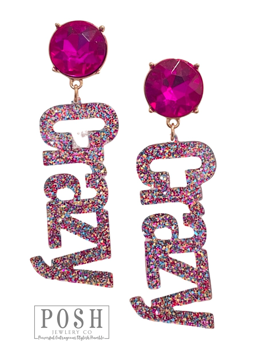 Pink Panache Brands - Rhinestone and glitter CRAZY earring, last call: Pink