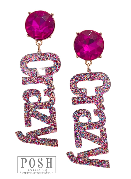 Pink Panache Brands - Rhinestone and glitter CRAZY earring, last call: Pink