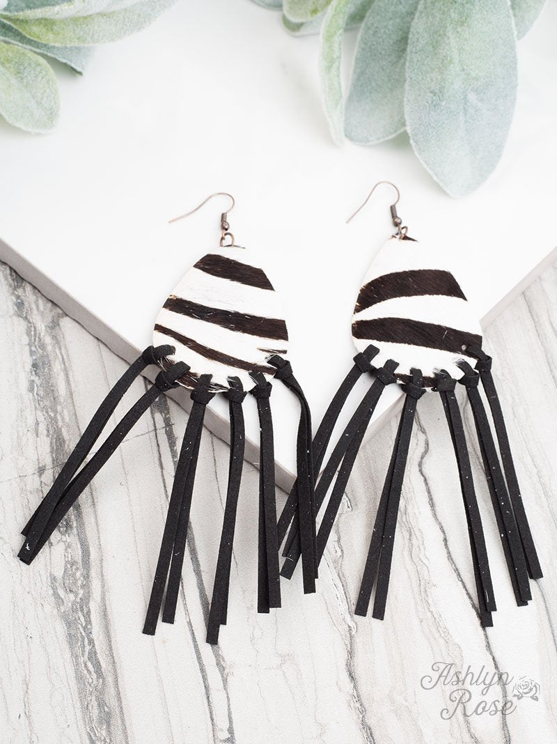 Let's Be Fringe Animal Print Leather Drop Earrings, Black and White Zebra